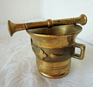 Antique Bronze / Brass Metal Ornate Mortar And Pestle With Handles