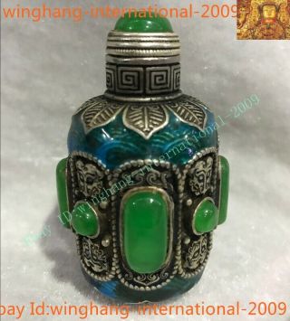 Rare Old Chinese Dynasty Silver Enamel Inlay Green Jade Gem Snuff Bottle Statue