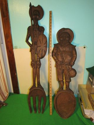 Large Vintage Don Quixote & Sancho Panza Hand Carved Wooden Fork And Spoon
