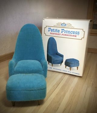 Vintage Ideal Petite Princess Mid Mod Blue Chair & Ottoman Dollhouse Miniature