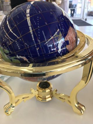 Beautifu Lapis & Semi Precious Gemstone World Globe On Stand W/ Compass