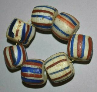 Antique Venetian White Italian Glass Beads W/ Red & Blue Stripes,  African Trade