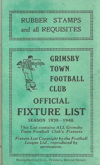 Very Rare Grimsby Town 1939 - 1940 Fixture List Card Not Programme Ticket Look