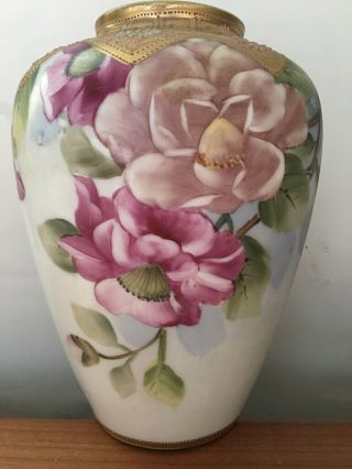 Antique Hand - Painted Japanese Nippon Moriage Morimura Bros 6.  75” Flowers Vase