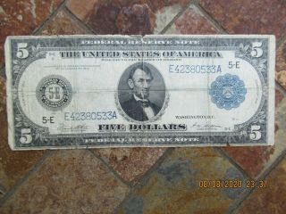 Antique 1914 United States Five Dollar Federal Reserve Note,  Bank Note