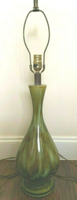 Vintage Mid Century Modern Avocado Green Drip Glaze Ceramic Table Lamp - 30 "