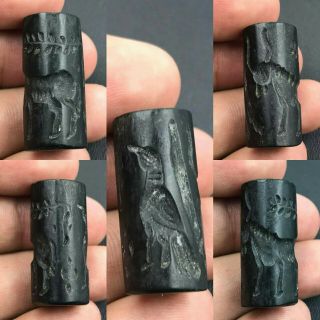 Antique Old Black Agate Stone Cylinder Seal Bead Animals Intaglio