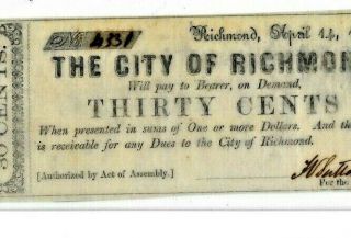 30 Cent " City Of Richmond " Rare 1800 