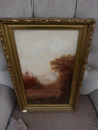 Antique Oil On Canvas Hunting Painting Dog In Stream 1800s Hudson River Style Nr
