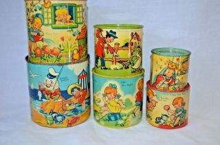 Very Rare Vintage Chad Valley Wee - Kin Tin Litho Stackable Cans Baby Toy 6