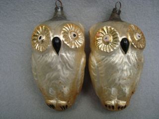 2 Rare Antique Blown Glass Horned Owl W/large Eyes Christmas Ornaments - Germany