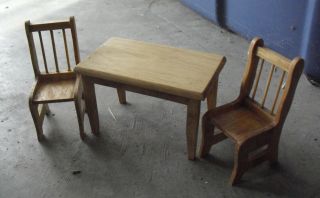 Vintage Dollhouse Furniture Wood Kitchen Table And 2 Chairs 4 " Wide Table