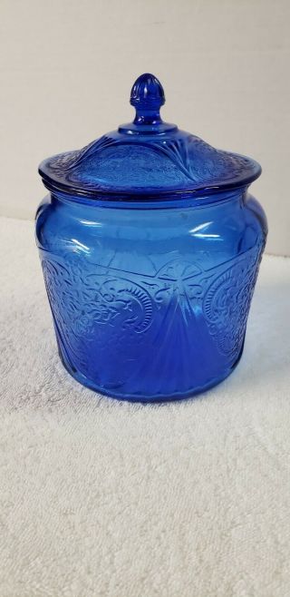 Blue Royal Lace Cookie Jar & Lid Hazel Atlas Depression Glass Vintage Rare