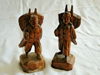 Set Of 2 Vintage Hand - Carved Wood Asian Figures