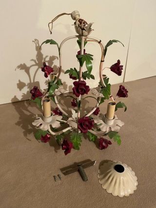 Vintage Italian Midcentury Tole Chandelier With Porcelain Roses