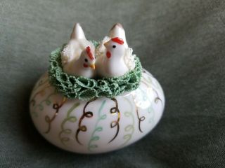 Mz Irish Dresden Green Lace Hen And Rooster On Nest Easter Egg Figurine