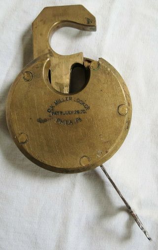 D.  K.  Miller Padlock Brass Pancake Lock&key Push Style 1870 Patent Vtg Old Antique