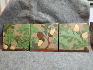 Three Large Arts And Crafts Tiles - Oak And Acorns - Tryptic