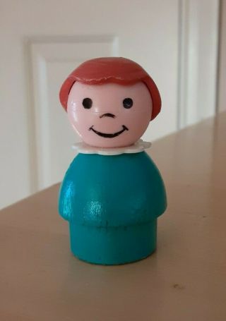Htf/rare Vintage Fisher Price Little People Wood Turquoise Girl Brown Hair