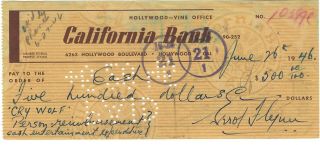 Errol Flynn Rare Signed Handwritten Check - Movie Related - " Cry Wolf " 1946