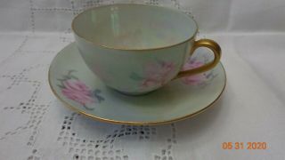 Austrian Antique Hand Painted Tea Cup Saucer Set Pastel Wash Pink Roses