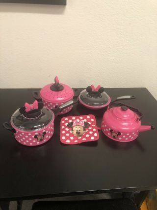 Rare Htf Disney Minnie Mouse Cooking Set 9 Piece Set Pots Pans Lids
