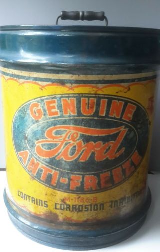 Rare Vintage Ford 5 Gallon Anti - Freeze Can Wood Handle - Motor Oil Gas Station