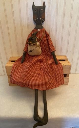 Primitive Grungy Tall Black Kitty Cat Doll & Her Little Crows
