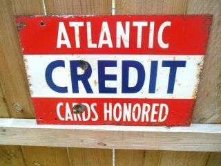 Vtg Rare Atlantic Credit Cards Honored Double Sided Painted Metal Gas Oil Sign