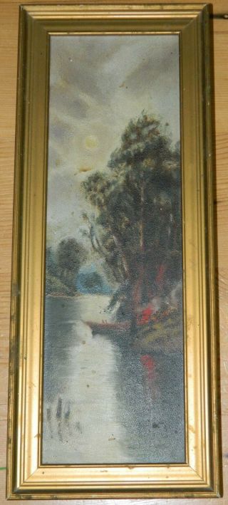 Small Antique Oil On Wood Painting Unknown Artist Gilt Frame 4.  75 " X 12 " C1890?