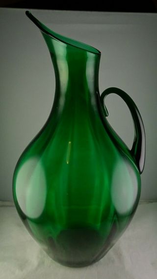 Rare Large Vintage Blenko Glass Dark Green Hand Blown Optic Pitcher