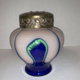 Rare Vintage Czechoslovakia Art Glass Flower Vase Pink Blue Green Metal Frog Top