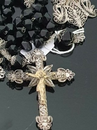 500g Sterling Silver 3 Cross Xix (1 Rare Jet Black Stones Rosary) On A Tray