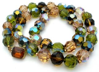 Multi Color Crystal Bead Necklace With Rhinestone Clasp Brown Green Gold Vintage