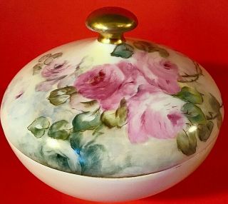 Jean Pouyat Limoges France Powder Jar Trinket Box 4 1/2 " Antique Roses Gold