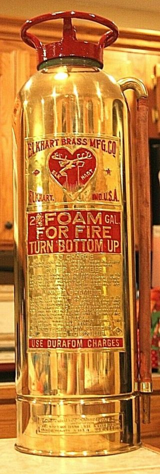 Very Rare Antique Vintage " Elkhart " Brass Fire Extinguisher - Polished Restored