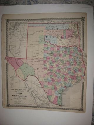 Huge Gorgeous Antique 1875 Texas Indian Territory Oklahoma Handcolored Map Rare