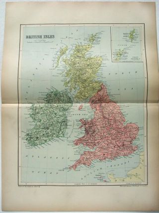 1895 Map Of British Isles & Ireland By W & A.  K.  Johnston.  Antique