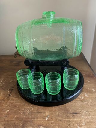 Vintage Cambridge Keg Barrel Liquor Dispenser Decanter Uranium Green Glass Rare