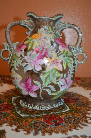 Gorgeous Rare Nippon 8 " Heavy Moriage Fancy Handles Vase Floral Motif Unmarked