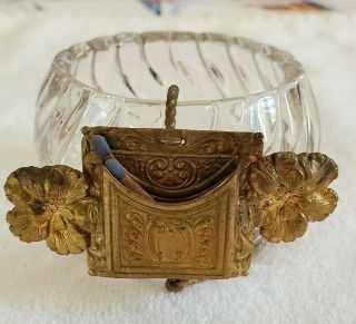 Antique Glass Match Striker Holder Victorian Glass & Brass Floral Design