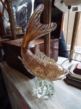 Mid Century Modern Barbini Venetian Murano Gold Copper Fleck Glass Fish Nr