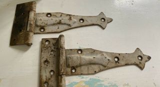 Early Pair Antique Large Cast Iron Barn Shed Hinges White Rusty Patina 10”