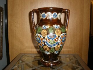 Rare Handled Antique Majolica Signed Vase 7 1/2 " Tall.