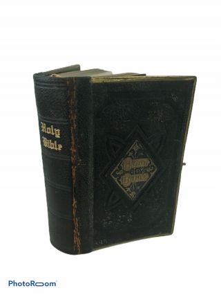 Rare Small Leather Holy Bible With Brass Clasp Pocket Size Ornate Black Antique