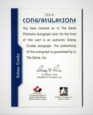 2006 ITG Phenoms Autographs SC06 Sidney Crosby (In The Game) SP Rare SCA - 6 2