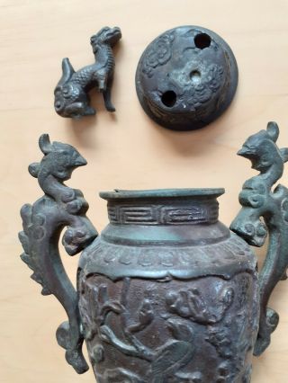 Antique RARE PAIR Chinese Japanese BRONZE Dog Dragon Censer Incense Vase Urn x 2 3