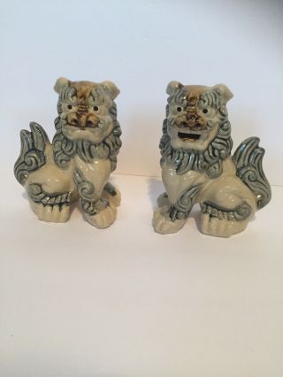 Chinese Foo Dogs Set Of 2 Figurines Blue Brown Ceramic China Vintage