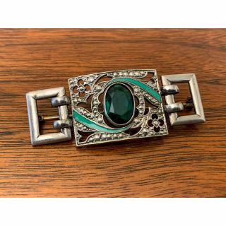 Vtg Art Deco/art Nouveau Marcasite And Enamel Brooch With A Green Facetted Stone
