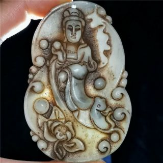 Chinese Old Rare White Jade Jadeite Hand - Carved Pendant Necklace Statue Bodhisat